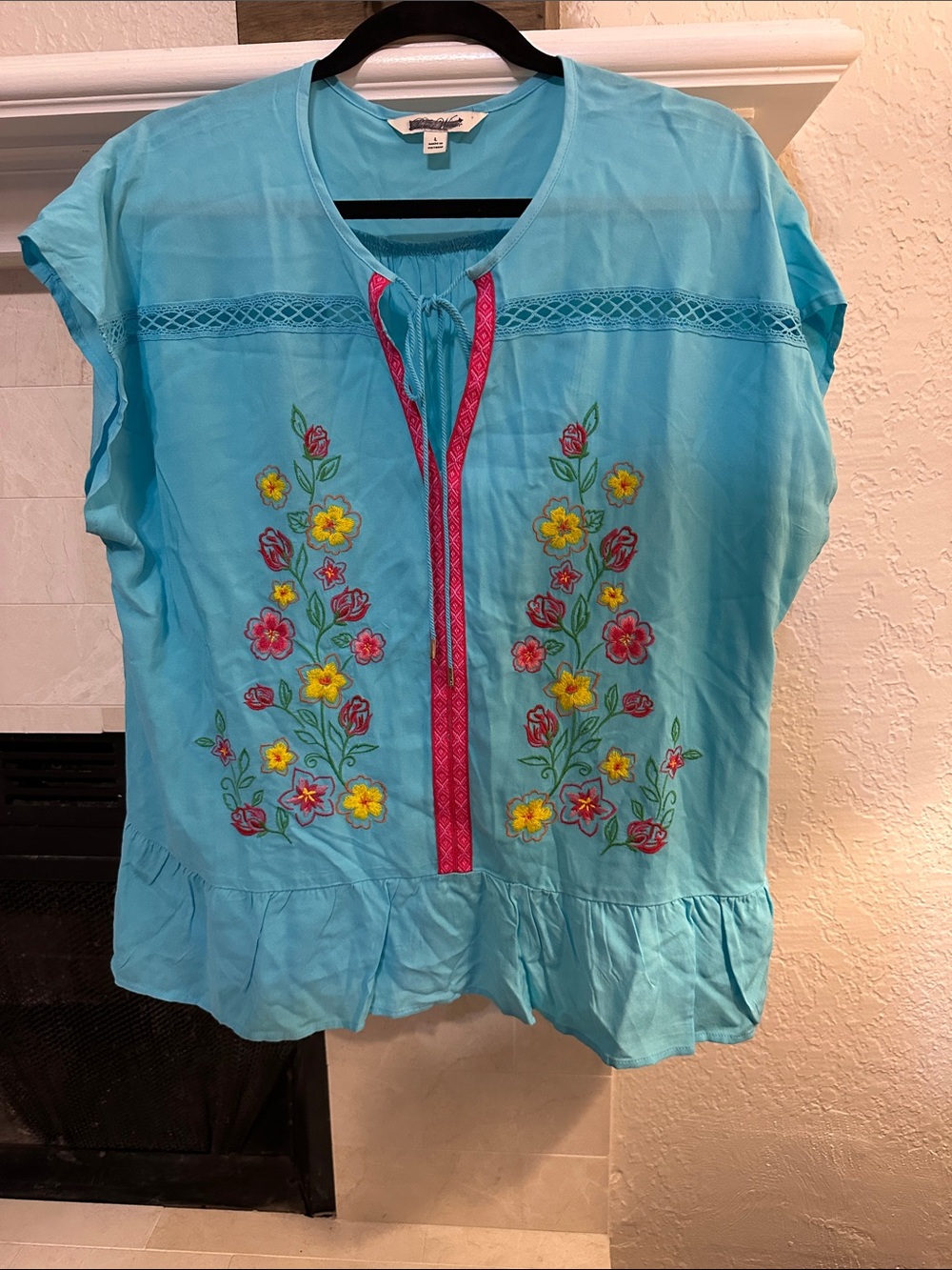 The Pioneer Woman Turquoise Embroidered Peasant Blouse with Pink Trim